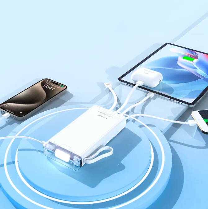 10000mAh Power Bank with Built-In Cables & LED Flashlight