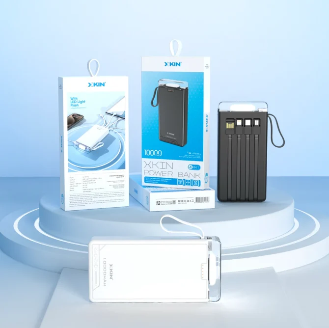 10000mAh Power Bank with Built-In Cables & LED Flashlight