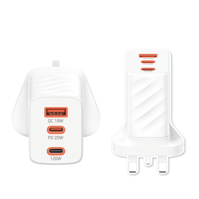 Xkin 120W Power Adapter – Triple Port Fast Charger (USB-A 18W + USB-C 20W + USB-C 65W/120W PD) - Image 4