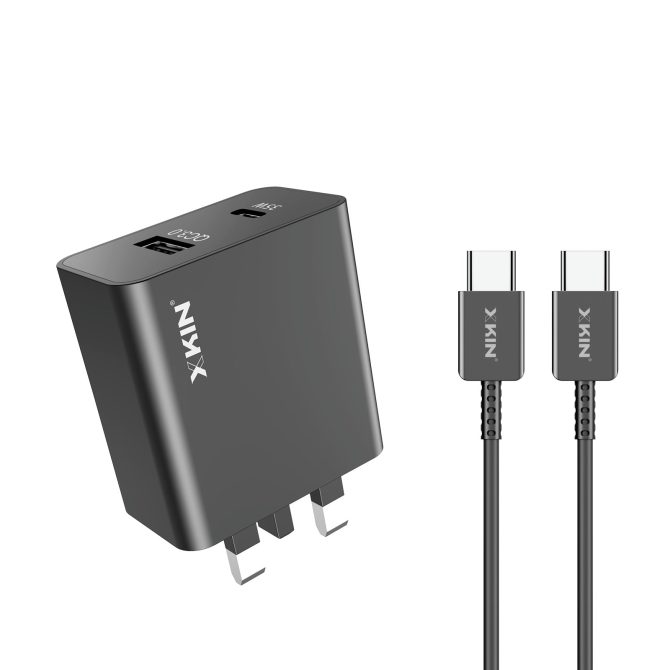 Xkin 53W Dual Port Charger with USB-C to USB-C Cable – 35W USB-C PD + 18W USB-A QC Fast Adapter