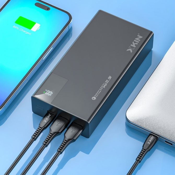 Xkin 20000mAh Power Bank – Built-in USB, 8-Pin, USB-C & Micro USB Cables with Flashlight - Image 3